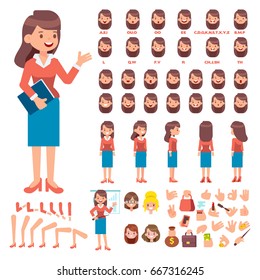 Front, side, back view animated character. Business woman character creation set with various views, hairstyles, face emotions, poses and gestures. Cartoon style, flat vector illustration.