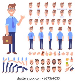 Front, side, back view animated character. Male manager character creation set with various views, hairstyles, face emotions, poses and gestures. Cartoon style, flat vector illustration.