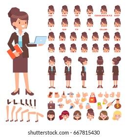 Front, side, back view animated character. Business woman character creation set with various views, hairstyles, face emotions, poses and gestures. Cartoon style, flat vector illustration.