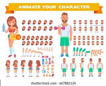 Front, side, back view animated characters. Man and female fitness couple creation set with various views,  face emotions, poses and gestures. Cartoon style, flat vector illustration.