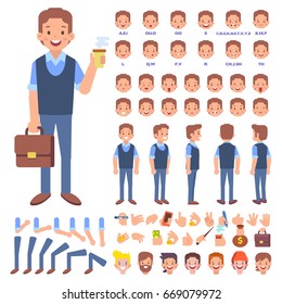 Front, side, back view animated character. Young Man with case character creation set with various views, hairstyles, face emotions, poses and gestures. Cartoon style, flat vector illustration.