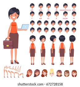 Front, side, back view animated character. Business woman character creation set with various views, hairstyles, face emotions, poses. Cartoon style, flat vector illustration.