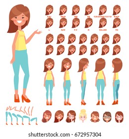 Front, side, back view animated character. Pretty woman character creation set with various views, hairstyles, face emotions, poses. Cartoon style, flat vector illustration.