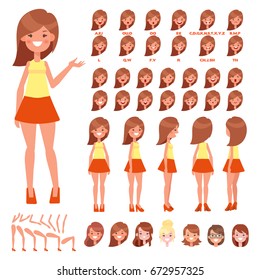 Front, side, back view animated character. Pretty woman character creation set with various views, hairstyles, face emotions, poses. Cartoon style, flat vector illustration.