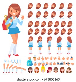 Front, side, back view animated character. School girl character creation set with various views, hairstyles, face emotions, poses and gestures. Cartoon style, flat vector illustration.