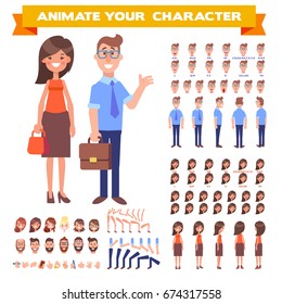 Front, side, back view animated character. Business woman and man character creation set with various views, hairstyles, face emotions, poses and gestures. Cartoon style, flat vector illustration.