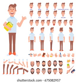 Front, side, back view animated character. Male student  with books character creation set with various views, hairstyles, face emotions, poses and gestures. Cartoon style, flat vector illustration.