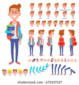 Front, side, back view animated character. Male Student character creation set with various views, hairstyles, face emotions, poses and gestures. Cartoon style, flat vector illustration.