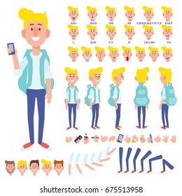 Front, side, back view animated character. Young guy with mobile character creation set with various views, hairstyles, face emotions, poses and gestures. Cartoon style, flat vector illustration.