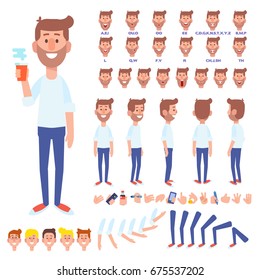 Front, side, back view animated character. Bearded young man with coffee cup creation set with various views, hairstyles, face emotions, poses and gestures. Cartoon style, flat vector illustration.