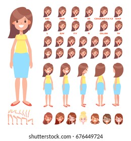 Front, side, back view animated character. Pretty woman character creation set with various views, hairstyles, face emotions, poses. Cartoon style, flat vector illustration.