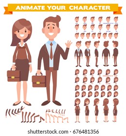 Front, side, back view animated characters. Business man and business woman  creation set with various views, face emotions, poses. Cartoon style, flat vector illustration.