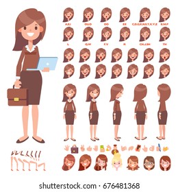 Caracteres animados de vista frontal, lateral y posterior. Creación de mujeres de negocios con diferentes puntos de vista, enfrentan emociones, poses y gestos. Estilo de caricatura, ilustración vectorial plana.