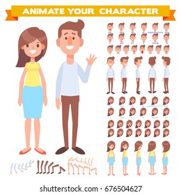 Front, side, back view animated characters. Male and female characters creation set with various views, face emotions, poses. Cartoon style, flat vector illustration.