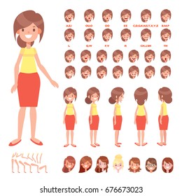 Front, side, back view animated character. Pretty young woman character creation set with various views, hairstyles, face emotions, poses. Cartoon style, flat vector illustration.