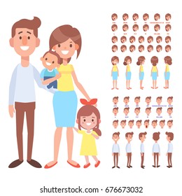 Front, side, back view animated characters. Parents character creation set with various views and face emotions. Cartoon style, flat vector illustration.