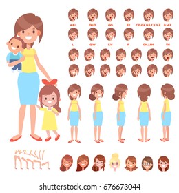 Front, side, back view animated characters. happy mother with kids creation set with various views and face emotions. Cartoon style, flat vector illustration.