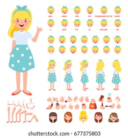 Front, side, back view animated character. Pretty blonde girl character creation set with various views, hairstyles, face emotions, poses and gestures. Cartoon style, flat vector illustration.