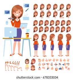 Front, side, back view animated character. Designer woman character creation set with various views, hairstyles, face emotions, poses and gestures. Cartoon style, flat vector illustration.
