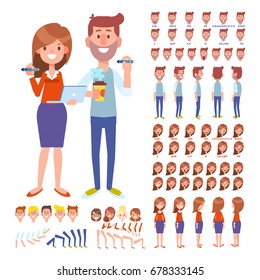 Front, side, back view animated characters. Man and female designers creation set with various views, face emotions, poses. Cartoon style, flat vector illustration.
