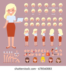 Vorderer, seitlicher, hinterer animierter Charakter. Blonde Frau mit Laptop-Schöpfung Set mit verschiedenen Ansichten, Frisuren, Gesicht Emotionen, Posen und Gesten. Cartoon-Stil, flache Vektorgrafik.