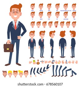 Front, side, back view animated character. Business man character creation set with various views, hairstyles, face emotions, poses and gestures. Cartoon style, flat vector illustration.