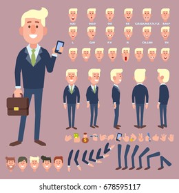 Front, side, back view animated character. Business man character creation set with various views, hairstyles, face emotions, poses and gestures. Cartoon style, flat vector illustration.