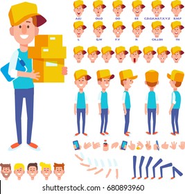 Front, side, back view animated character. Courier young man character creation set with various views, hairstyles, face emotions, poses and gestures. Cartoon style, flat vector illustration.
