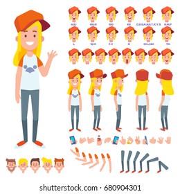Front, side, back view animated character. Teenage girl character creation set with various views, hairstyles, face emotions, poses and gestures. Cartoon style, flat vector illustration.
