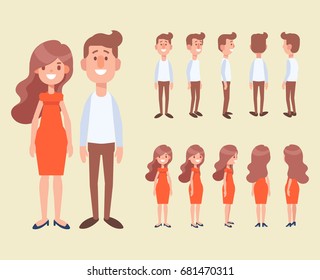 Front, side, back view animated characters - man and woman couple. Cartoon style, flat vector people illustration.
