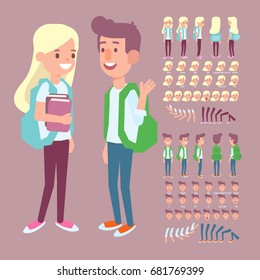 Front, side, back view animated character. Girl and boy friends  creation set with various views and  face emotions.  Cartoon style, flat vector illustration.