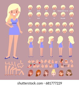 Front, side, back view animated character. Blonde pretty woman character creation set with various views, hairstyles, face emotions, poses and gestures. Cartoon style, flat vector illustration.