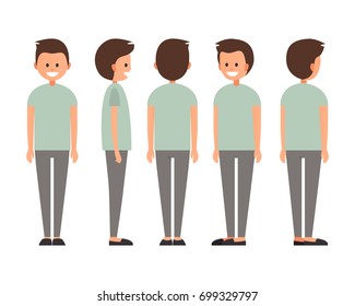 Front, side, back view animated character. Designer character creation set with various views. Cartoon style, flat vector illustration of smiling boy with short hair in casual clothes.