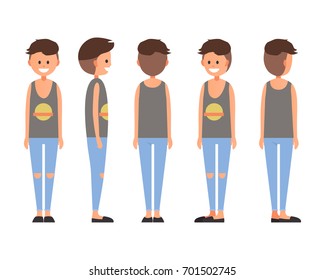 Front, side, back view animated character. Designer character creation set with various views. Cartoon style, flat vector illustration of smiling teenage boy with short hair in casual clothes.