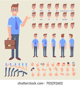 Front, side, back view animated character. Business man character creation set with various views,  face emotions and gestures. Cartoon style, flat vector illustration.