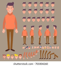 Front, side, back view animated character. Young guy character creation set with various views, face emotions and gestures. Cartoon style, flat vector illustration.