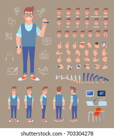 Front, side, back view animated character. Designer man character creation set with various views, face emotions and gestures. Cartoon style, flat vector illustration.