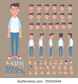 Front, Side, Back View Animated Character. Young Guy Character Creation Set With Various Views, Face Emotions And Gestures. Cartoon Style, Flat Vector Illustration.