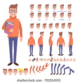 Front, Side, Back View Animated Character. Geek Character Creation Set With Various Views, Face Emotions And Gestures. Cartoon Style, Flat Vector Illustration.