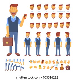 Front, side, back view animated character. Manager character creation set with various views, face emotions and gestures. Cartoon style, flat vector illustration.