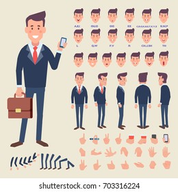 Front, side, back view animated character. Business man character creation set with various views, face emotions and gestures. Cartoon style, flat vector illustration.