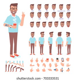 Front, side, back view animated character. Hipster man creation set with various views, face emotions and gestures. Cartoon style, flat vector illustration.