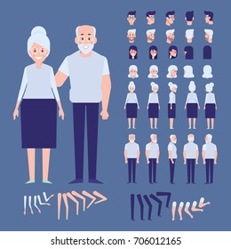 Front, side, back view animated characters. Elderly couple creation set with various views, face emotions. Cartoon style, flat vector illustration. 