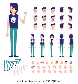 Front, side, back view animated character. Teenager boy character creation set with various views, hairstyles and gestures. Cartoon style, flat vector illustration.