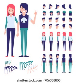 Front, side, back view animated characters. Teenagers characters creation set with various views and hairstyles.Cartoon style, flat vector illustration.