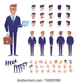 Front, side, back view animated character. Business man character creation set with various views, hairstyles, poses and gestures. Cartoon style, flat vector illustration.