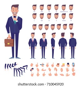 Front, side, back view animated character. Business man character constructor with various views, hairstyles, face emotions, poses and gestures. Cartoon style, flat vector illustration.