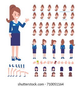 Front, side, back view animated character. Business lady character creation set with various views, hairstyles, face emotions, poses and gestures. Cartoon style, flat vector illustration.