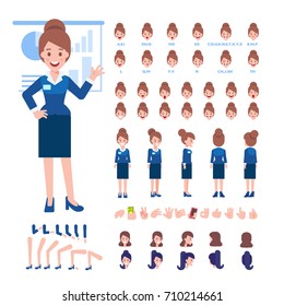 Front, side, back view animated character. Business lady character constructor with various views, hairstyles, face emotions, poses and gestures. Cartoon style, flat vector illustration.