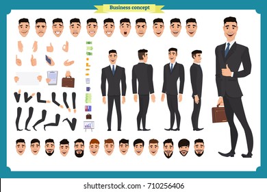 Front, side, back view animated character. Manager character creation set with various views, hairstyles, face emotions, poses and gestures. Cartoon style, flat vector illustration.People character